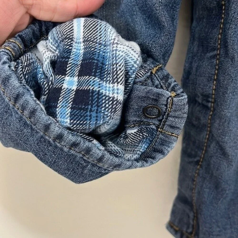 OshKosh B'Gosh Denim Toddler Overalls Denim Blue Plaid Lining 9 Months